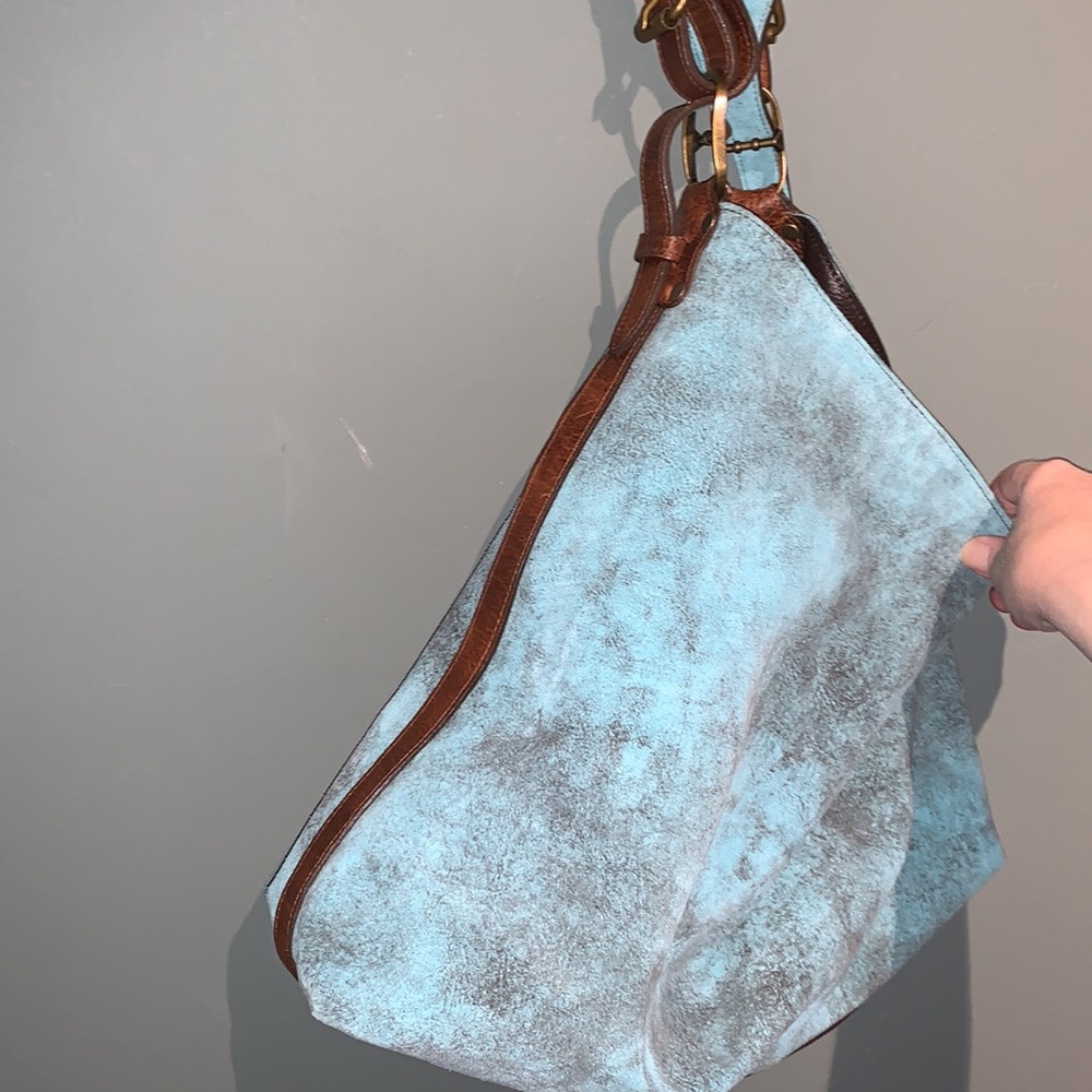 Juan Antonio Adobe Turquoise Blue Brown Leather Nubuck Weekend Boho Western Tote - Picture 14 of 16